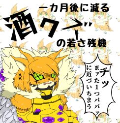 Rule 34 | digimon, digimon (creature), fangs, green eyes, highres, japanese text, mask, meicoomon, open mouth, orange fur, raguelmon, translation request