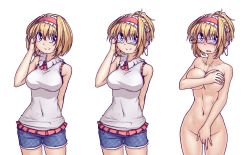 Rule 34 | 1girl, adjusting eyewear, alice margatroid, alternate costume, alternate hairstyle, arm behind back, bare arms, bespectacled, blonde hair, blue eyes, blue shorts, breasts, casual, closed mouth, collarbone, contemporary, contrapposto, covered navel, covering privates, covering breasts, covering crotch, cowboy shot, embarrassed, eyebrows, glasses, hairband, hand in own hair, hand up, hater (hatater), highres, large breasts, legs apart, lolita hairband, looking at viewer, multiple views, navel, navel piercing, nude, nude cover, petite, piercing, revision, semi-rimless eyewear, shirt, short hair, short shorts, shorts, simple background, skinny, sleeveless, sleeveless shirt, smile, standing, stomach, team shanghai alice, touhou, white background