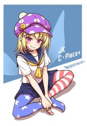 Rule 34 | 1girl, alternate costume, alternate hair length, alternate hairstyle, american flag legwear, artist name, ascot, beret, black choker, blonde hair, blue background, blue skirt, blush, border, breasts, choker, closed mouth, clownpiece, collarbone, commentary request, earrings, english text, eyes visible through hair, fairy wings, hair ornament, hairpin, hat, hat ornament, heart, highres, jewelry, looking to the side, medium breasts, miniskirt, no shoes, outside border, pantyhose, pink eyes, polka dot, purple hat, ring, sailor collar, school uniform, shirt, shitacemayo, short hair, short sleeves, simple background, sitting, skirt, smile, smiley face, solo, star (symbol), star in eye, star print, striped clothes, striped pantyhose, symbol in eye, tattoo, teeth, touhou, underworld (ornament), v-shaped eyebrows, white border, white shirt, wings, yellow ascot