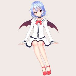 Rule 34 | 1girl, absurdres, arm garter, bat wings, blue hair, bow, bowtie, choker, frilled choker, frilled shirt collar, frilled skirt, frilled sleeves, frills, full body, hair between eyes, highres, junior27016, long sleeves, looking at viewer, mary janes, no socks, pointy ears, purple background, red bow, red bowtie, red eyes, red footwear, remilia scarlet, shirt, shoes, short hair, simple background, sitting, skirt, smile, solo, touhou, white shirt, white skirt, wings