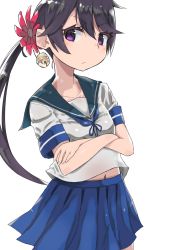 Rule 34 | 10s, 1girl, akebono (kancolle), bad id, bad pixiv id, bell, blue skirt, crossed arms, flower, hair bell, hair flower, hair ornament, highres, jingle bell, kantai collection, looking at viewer, nabeo, navel, neckerchief, pleated skirt, purple eyes, purple hair, sailor collar, school uniform, serafuku, side ponytail, simple background, skirt, solo, white background
