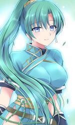 Rule 34 | 1girl, aqua dress, belt, blue eyes, breasts, commentary request, dress, earrings, fire emblem, fire emblem: the blazing blade, green hair, highres, jewelry, kirishima riona, large breasts, long hair, looking at viewer, lyn (fire emblem), nintendo, ponytail, short sleeves, smile, solo, upper body, very long hair, yellow belt