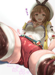 Rule 34 | 1girl, :d, akabeko207, atelier (series), atelier ryza, atelier ryza 1, breasts, brown eyes, brown hair, brown thighhighs, cleavage, commentary request, hair ornament, hairclip, hat, highres, jewelry, medium breasts, navel, necklace, open mouth, red shorts, reisalin stout, short hair, short shorts, shorts, simple background, smile, solo, star (symbol), sweat, teeth, thighhighs, thighs, white background, white hat
