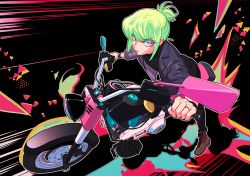 Rule 34 | 1boy, alternate hairstyle, anime coloring, bae (baebae), black gloves, fire, gloves, green hair, hair up, half gloves, highres, jacket, jewelry, leather, leather jacket, lio fotia, male focus, motor vehicle, motorcycle, promare, purple eyes, ring, short ponytail, solo, wedding band