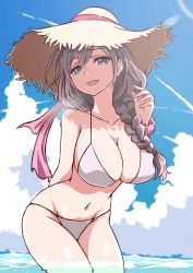 Rule 34 | 1girl, aqua eyes, arm behind back, bikini, black hair, blue sky, braid, breasts, character request, cloud, collaboration, copyright request, cowboy shot, day, hair over shoulder, hat, highres, hip focus, large breasts, long hair, navel, ocean, open mouth, sherumaru (korcht06), side braid, sky, smile, solo, straw hat, summer, sun hat, swimsuit, teeth, water, white bikini