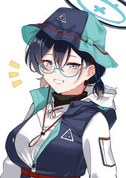 Rule 34 | 1girl, :d, absurdres, black hair, blue archive, chihiro (blue archive), chihiro (camp) (blue archive), commentary request, glasses, grey eyes, halo, hat, highres, hood, hooded sweater, long sleeves, looking at viewer, low ponytail, official alternate costume, official alternate hairstyle, open mouth, rynn (darknescorez), semi-rimless eyewear, short hair, sidelocks, simple background, smile, solo, sweater, twitter username, vest, white background