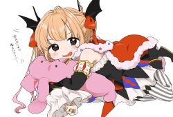 Rule 34 | 1girl, bare shoulders, bat wings, blonde hair, blush, brown eyes, cape, commentary request, detached sleeves, dress, frilled sleeves, frills, full body, fur-trimmed cape, fur trim, futaba anzu, hair ribbon, head wings, highres, hugging object, idolmaster, idolmaster cinderella girls, jewelry, long hair, looking at viewer, lying, multicolored clothes, multicolored dress, open mouth, red cape, red ribbon, ribbon, ring, simple background, sks (s3 rosquilla), smile, solo, striped clothes, striped thighhighs, stuffed animal, stuffed rabbit, stuffed toy, thighhighs, vertical-striped clothes, vertical-striped thighhighs, white background, wide sleeves, wings
