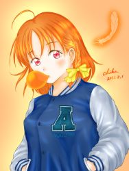 Rule 34 | 1girl, artist name, artist request, blue jacket, blush, bow, braid, breasts, chewing gum, close-up, clothes writing, feathers, female focus, hair bow, highres, jacket, long sleeves, looking at viewer, love live!, love live! sunshine!!, orange background, orange feathers, orange hair, parted lips, red eyes, short hair, side braid, single braid, smile, solo, takami chika, upper body, yellow bow