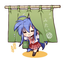 Rule 34 | 1girl, :3, :d, = =, ahoge, arms up, bamboo, black socks, blue hair, bow, brown footwear, chibi, closed eyes, collar, colored shadow, commentary request, curtains, gift bag, green bag, green curtains, grey socks, izumi konata, kanji, katakana, light blush, long hair, long sleeves, lucky star, messy hair, mole, mole under eye, mole visible through hair, motion lines, noren, official art, open mouth, pleated skirt, raised eyebrows, red collar, red skirt, ryouou school uniform, school uniform, second-party source, serafuku, shadow, shirt, simple background, skirt, smile, socks, solo, translation request, very long hair, white background, white shirt, yoshimizu kagami