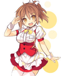 Rule 34 | 1girl, :d, apron, blush, bow, bowtie, brown eyes, brown hair, collared shirt, cowboy shot, frilled apron, frills, hair between eyes, hair ornament, hair wings, hairclip, head tilt, high ponytail, kurasuke, long hair, looking at viewer, name tag, open mouth, original, pleated skirt, puffy sleeves, red skirt, salute, shirt, sketch, skirt, smile, solo, thighhighs, underbust, waist apron, waitress, white apron, white shirt, white thighhighs, white wings, wings, wrist cuffs, yellow bow, yellow bowtie