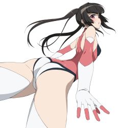 Rule 34 | 1girl, ass, black hair, blunt bangs, breasts, elbow gloves, from behind, gloves, leotard, long hair, looking at viewer, looking back, pink eyes, pink leotard, senki zesshou symphogear, simple background, small breasts, solo, thighhighs, tsukamoto kensuke, tsukuyomi shirabe, twintails, white background, white thighhighs