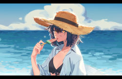 Rule 34 | 1girl, arknights, bikini, black bikini, breasts, brown hair, brown hat, cloud, cloudy sky, collared shirt, food, front-tie bikini top, front-tie top, hair between eyes, hand up, hat, highres, holding, holding food, holding ice cream, ice cream, letterboxed, looking at viewer, open clothes, open shirt, owl ears, popsicle, semi-rimless eyewear, shirt, short hair, silence (arknights), sky, small breasts, solo, straw hat, sun hat, swimsuit, under-rim eyewear, upper body, water, watermelon bar, white shirt, yellow eyes, zy (zyyyyyyy9)