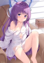 Rule 34 | 1girl, azur lane, bare shoulders, blue eyes, blush, bottomless, breasts, chair, dress shirt, highres, indoors, knee up, legs, long hair, looking at viewer, naked shirt, navel, off shoulder, official alternate costume, purple hair, ribbon, shirt, sironora, sitting, sleeves past wrists, small breasts, solo, tashkent (azur lane), tashkent (the blue snoozer) (azur lane), thighs, very long hair, white shirt