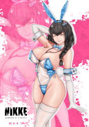 Rule 34 | 1girl, animal ears, arm behind head, between breasts, blue bow, blue bowtie, blue hair, blue leotard, bowtie, breasts, brown hair, closed eyes, detached collar, elbow gloves, fake animal ears, fake tail, gloves, goddess of victory: nikke, grin, id card, large breasts, leotard, long hair, mary (medical rabbit) (nikke), mary (nikke), multicolored hair, official alternate costume, playboy bunny, rabbit ears, rabbit tail, see-through, see-through leotard, smile, solo, strapless, strapless leotard, streaked hair, tail, take (take-out!), thighhighs, white gloves, white thighhighs, zoom layer