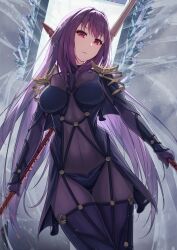 Rule 34 | 1girl, absurdres, armor, bodysuit, bodysuit under clothes, breasts, commentary request, dual wielding, fate/grand order, fate (series), fukuidesu0110, gae bolg (fate), hair between eyes, hair intakes, head tilt, highres, holding, holding polearm, holding weapon, long hair, looking at viewer, medium breasts, polearm, purple bodysuit, purple hair, red eyes, scathach (fate), shoulder armor, solo, spear, very long hair, weapon