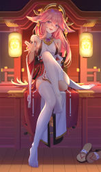 Rule 34 | absurdres, animal ears, blouse, blush, breasts, clothes tug, detached sleeves, feet, fox ears, fujiko sugi, garter straps, genshin impact, heart, heart-shaped pupils, highres, japanese clothes, kimono, knee up, lantern, long hair, looking at viewer, medium breasts, miko, naughty face, no shoes, pink hair, priestess, purple eyes, shirt, shoes, unworn shoes, sideboob, sitting, sleeveless, sleeveless kimono, sleeveless shirt, smile, solo, symbol-shaped pupils, thighhighs, tongue, tongue out, white shirt, white thighhighs, wide sleeves, yae miko