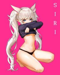 Rule 34 | 1girl, animal ears, annyeongbangawo, bad id, bad pixiv id, barefoot, black panties, black sweater, blue eyes, blush, breasts, character request, clothes lift, elsword, full body, kneeling, lifted by self, long hair, looking at viewer, medium breasts, navel, panties, pink background, pointy ears, silver hair, simple background, solo, sweater, sweater lift, twintails, underboob, underwear, very long hair