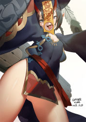Rule 34 | 1girl, bad id, bad pixiv id, bob cut, breasts, chinese clothes, cleavage, commentary request, covered erect nipples, covered navel, dated, eyeliner, fangs, fate/grand order, fate (series), frills, gluteal fold, highres, horns, jiangshi, makeup, ofuda, oni, open mouth, outstretched arms, pelvic curtain, pointy ears, purple eyes, purple hair, saliva, short hair, shuten douji (fate), shuten douji (festival outfit) (fate), skin-covered horns, small breasts, solo, standing, thighs, tongue, tongue out, waterkuma, wide sleeves, zombie pose