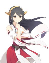 Rule 34 | &gt;:), 10s, 1girl, bare shoulders, brown eyes, clenched hand, detached sleeves, frilled skirt, frills, grey hair, hairband, hand on own arm, haruna (kancolle), headgear, highres, kantai collection, looking at viewer, nontraditional miko, pleated skirt, red skirt, ribbon-trimmed sleeves, ribbon trim, simple background, skirt, solo, usuaji, v-shaped eyebrows, white background