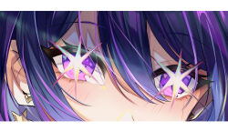 Rule 34 | 1girl, artist name, blush, close-up, commentary, earrings, eye focus, hair between eyes, heart, heart in eye, highres, hoshino ai (oshi no ko), jewelry, letterboxed, line (pxfg8843), looking at viewer, oshi no ko, purple eyes, purple hair, sidelocks, solo, star (symbol), star earrings, star in eye, swept bangs, symbol in eye