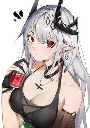 Rule 34 | 1girl, ^^^, absurdres, arknights, bare shoulders, black dress, black gloves, breasts, cleavage, closed mouth, collar, collarbone, cross, cross necklace, cup, detached sleeves, dress, drink, drinking glass, earrings, facial mark, from above, gloves, hair ornament, highres, holding, holding cup, horns, ice, ice cube, jewelry, large breasts, looking at viewer, looking up, mudrock (obsidian) (arknights), necklace, notice lines, partially fingerless gloves, pointy ears, red eyes, short sleeves, solo, soranoki, upper body