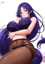 Rule 34 | 1girl, arm under breasts, artist name, bare shoulders, blush, bra, breasts, closed mouth, commentary request, covered navel, crotch seam, fate/grand order, fate (series), grey background, hair between eyes, highres, hip focus, large breasts, long hair, looking at viewer, low-tied long hair, minamoto no raikou (fate), nail polish, navel, panties, panties under pantyhose, pantyhose, parted bangs, purple bra, purple eyes, purple hair, purple nails, purple panties, sakiyamama, signature, simple background, smile, solo, thighband pantyhose, thighs, underwear, very long hair, white background