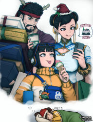Rule 34 | 1boy, 2girls, :p, antlers, beard, black hair, blunt bangs, box, capcom, cellphone, chinese clothes, chun-li, closed eyes, commentary, cup, dated, double bun, dreaming, english commentary, facial hair, food, gift, gift box, goggles, goggles on head, hair bun, headband, hershuar, holding, holding cup, holding food, holding gift, holding phone, horns, ice cream, jacket, li-fen, licking lips, long sleeves, mother and daughter, multiple girls, mustache, phone, red headband, reindeer antlers, ryu (street fighter), sleeping, smartphone, spoken food, street fighter, street fighter 6, tongue, tongue out, twitter username, yellow jacket, zipper pull tab, zzz