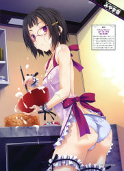 Rule 34 | 10s, 1girl, 2011, absurdres, apron, artist name, ass, black hair, blue panties, bowl, breasts, cake, cooking, cowboy shot, cream, cream on face, dutch angle, female focus, food, food on face, fruit, glasses, hair ornament, hairclip, heart, heart print, high school dxd, highres, holding, indoors, japanese text, kitchen, bridal garter, looking at viewer, looking back, mixing bowl, miyama-zero, nearly naked apron, no bra, official art, oven, panties, purple eyes, ribbon, scan, sexually suggestive, short hair, small breasts, solo, sona sitri, standing, suggestive fluid, thigh strap, translation request, twisted torso, underwear, whipped cream, whisk, white panties, wrist cuffs, wrist ribbon