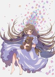 Rule 34 | 1girl, absurdres, ahoge, barefoot, brown hair, closed eyes, commentary, dress, english commentary, falling petals, feather hair ornament, feathers, flower, frilled dress, frills, hair ornament, hair ribbon, hairclip, highres, hololive, hololive english, long hair, magui3, multicolored hair, nanashi mumei, hugging object, official alternate costume, petals, puffy short sleeves, puffy sleeves, ribbon, short sleeves, streaked hair, stuffed animal, stuffed toy, teddy bear, the forgotten song (vocaloid), very long hair, virtual youtuber, vocaloid, white dress
