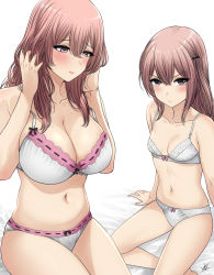 Rule 34 | 2girls, bed sheet, blush, bra, breasts, brown eyes, brown hair, cleavage, closed mouth, commentary, curvy, english commentary, height difference, highres, inui sajuna, inui shinju, lace, lace-trimmed bra, lace trim, large breasts, looking at viewer, looking down, multiple girls, navel, petite, raised eyebrows, siblings, signature, sisters, sitting, small breasts, sono bisque doll wa koi wo suru, stomach, sweat, underwear, underwear only, v-shaped eyebrows, xter