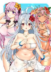 Rule 34 | 3girls, :&gt;, ;&gt;, ahoge, bikini, black bow, bow, bracelet, breasts, character request, cherry pink ruby, choker, cleavage, closed mouth, collarbone, cowboy shot, double v, earrings, eyepatch bikini, flower, frills, ghost crystal, green eyes, hair bow, hair flower, hair ornament, hairband, heart, heart earrings, hibiscus, highres, houseki hime, huge breasts, jewelry, large breasts, long hair, looking at viewer, multiple girls, navel, necklace, one-piece swimsuit, one eye closed, pink hair, pink one-piece swimsuit, pink scrunchie, purple eyes, purple hair, red eyes, sarong, scrunchie, see-through, slingshot swimsuit, smile, standing, swimsuit, takamatsu tsukasa, tan, tanline, thigh scrunchie, thigh strap, thighlet, v, watermelon (houseki hime), white bikini, white choker, white hair