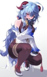 Rule 34 | 1girl, absurdres, bell, blue hair, blush, breasts, detached sleeves, ganyu (genshin impact), genshin impact, highres, horns, kneeling, large breasts, long hair, open mouth, pantyhose, red eyes, rima (0136), shoes, simple background, smile
