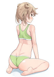 Rule 34 | 1girl, ass, back, bad id, bad pixiv id, bare legs, bare shoulders, barefoot, blush, closed mouth, commentary request, double bun, full body, green panties, hair between eyes, hair bun, highres, kantai collection, light brown hair, looking at viewer, looking back, michishio (kancolle), osananajimi neko, panties, revision, seiza, short twintails, simple background, sitting, solo, twintails, underwear, underwear only, white background, yellow eyes