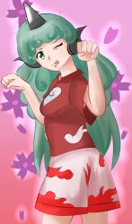 Rule 34 | 1girl, :p, aqua hair, bare arms, breasts, cloud print, collared shirt, curly hair, flower, green eyes, highres, horns, komano aunn, long hair, looking at viewer, md5 mismatch, medium breasts, messy hair, one eye closed, paw pose, petals, pink shorts, red shirt, shirt, short sleeves, shorts, single horn, smile, solo, standing, tongue, tongue out, touhou, zipperqr
