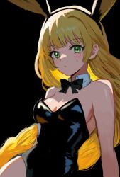 Rule 34 | 1girl, alternate costume, animal ears, bare shoulders, black background, black bow, black bowtie, black leotard, blonde hair, blush, bow, bowtie, breasts, bunny day, closed mouth, commentary request, detached collar, fake animal ears, fire emblem, fire emblem: three houses, green eyes, highres, ingrid brandl galatea, leotard, long hair, looking at viewer, medium breasts, nintendo, rabbit ears, simple background, solo, strapless, strapless leotard, very long hair, yuurururun