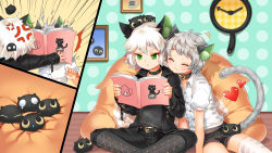 Rule 34 | 2boys, animal ears, artist request, belt, black jacket, black pants, black shirt, black shorts, blouse, blush, book, cat boy, cat ears, cat tail, clock, collar, collared shirt, grey hair, heart, highres, holding, holding book, huangshou (the legend of luoxiaohei), indoors, jacket, long sleeves, luo xiaohei, luo xiaohei (human), luo xiaohei zhanji, multiple boys, pants, personification, reading, shadow, shirt, short hair, short sleeves, shorts, sitting, studded collar, tail, thighhighs, white hair, white shirt, yaoi
