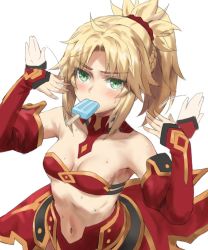 Rule 34 | 1girl, bandeau, bare shoulders, blonde hair, braid, breasts, collarbone, detached collar, detached sleeves, fanning self, fate/apocrypha, fate/grand order, fate (series), food, food in mouth, french braid, green eyes, long hair, looking at viewer, mordred (fate), mordred (fate/apocrypha), mouth hold, navel, parted bangs, pelvic curtain, ponytail, popsicle, popsicle in mouth, sidelocks, small breasts, solo, sweat, tonee, waist cape