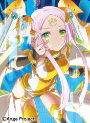Rule 34 | 1girl, ange vierge, bare shoulders, binary, bodysuit, breasts, code omega 46 xenia, detached sleeves, expressionless, facial mark, forehead mark, green eyes, headgear, holographic interface, leaning forward, medium breasts, midori (kara-hune), official art, parted bangs, parted lips, pink hair, short hair, short hair with long locks, slit pupils, solo, thighhighs, wristband