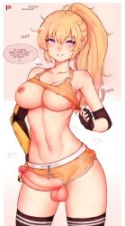 Rule 34 | 1futa, amputee, bare shoulders, black gloves, black thighhighs, blonde hair, bluefield, blush, breasts, cameltoe, cleavage, clothing aside, english text, erection, fingerless gloves, futanari, gloves, grin, hand on own hip, highres, large breasts, long hair, looking at viewer, navel, nipples, parted lips, penis, ponytail, precum, prosthesis, purple eyes, rwby, shorts, shorts aside, smile, solo, sweat, testicles, thighhighs, uncensored, yang xiao long