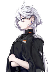 Rule 34 | 1girl, black jacket, black shirt, closed mouth, commentary request, earrings, expressionless, grey eyes, gundam, gundam suisei no majo, highres, jacket, jacket on shoulders, jewelry, long hair, miorine rembran, mitsu (tendou itsuki), shirt, simple background, solo, upper body, white background, white hair