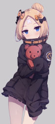 Rule 34 | 1girl, abigail williams (fate), abigail williams (traveling outfit) (fate), artist request, bad id, bad pixiv id, bandaid, bandaid on face, bandaid on forehead, belt, black bow, black jacket, blonde hair, blue eyes, blush, bow, closed mouth, crossed bandaids, fate/grand order, fate (series), forehead, grey background, hair bow, hair bun, heroic spirit traveling outfit, high collar, holding, holding stuffed toy, jacket, long hair, long sleeves, looking at viewer, hugging object, official alternate costume, orange bow, parted bangs, simple background, single hair bun, sleeves past fingers, sleeves past wrists, solo, stuffed animal, stuffed toy, teddy bear, thighs