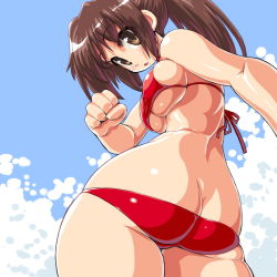 Rule 34 | 1girl, ass, bad id, bad pixiv id, bikini, breasts, brown hair, butt crack, dd (ijigendd), large breasts, long hair, looking back, narrow waist, original, ponytail, skindentation, solo, swimsuit, underboob, undersized clothes