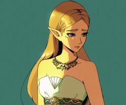 Rule 34 | 1girl, bare shoulders, blonde hair, breasts, dress, gold necklace, green background, green eyes, highres, jewelry, long hair, looking to the side, medium breasts, necklace, nintendo, parted bangs, pointy ears, princess zelda, softp3ach, solo, strapless, strapless dress, the legend of zelda, the legend of zelda: breath of the wild, thick eyebrows, triforce, upper body, white dress