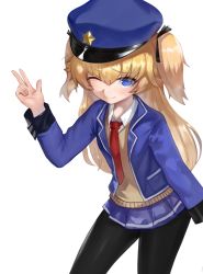 Rule 34 | 1girl, ;), bad id, bad pixiv id, black pantyhose, black ribbon, blonde hair, blue eyes, blue hat, blue jacket, blue skirt, blush, closed mouth, collared shirt, commentary request, dokomon, girls&#039; frontline, hair between eyes, hair ribbon, hand up, hat, highres, jacket, long hair, long sleeves, looking at viewer, necktie, one eye closed, open clothes, open jacket, pantyhose, peaked cap, pleated skirt, red necktie, ribbon, shirt, simple background, skirt, smile, solo, super-shorty (girls&#039; frontline), sweater vest, two side up, very long hair, w, white background, white shirt