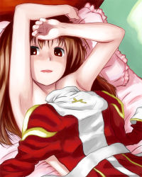 Rule 34 | 1girl, aftersex, armpits, arms up, bad id, bad pixiv id, brown hair, commentary request, cross, dress, unworn dress, high priest (ragnarok online), juliet sleeves, long hair, long sleeves, looking at viewer, lying, nude, on back, on bed, open mouth, pillow, puffy sleeves, ragnarok online, red dress, red eyes, sash, sengoku esuji, solo, two-tone dress, upper body, white dress, white sash