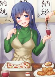 Rule 34 | 1girl, anti (untea9), black hair, blue eyes, blush, breasts, food, highres, kantai collection, large breasts, medium hair, open mouth, pizza, ribbon, smile, souryuu (kancolle), squeans