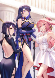 Rule 34 | alcohol, alternate costume, animal ears, bare back, black hair, blurry, braid, breasts, choker, cleavage, cup, depth of field, dress, drinking glass, earrings, elbow gloves, esukee, formal, fox ears, genshin impact, gloves, hair ornament, highres, holding, holding cup, japanese clothes, jewelry, kujou sara, low-braided long hair, low-tied long hair, low ponytail, mole, mole under eye, necklace, obi, parted lips, pillar, pink hair, purple eyes, purple gloves, purple hair, raiden shogun, sash, see-through, side slit, sideboob, single braid, strapless, vision (genshin impact), white dress, wine, wine glass, yae miko, yellow eyes