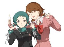 Rule 34 | 19 0v0, 2girls, alternate hairstyle, aqua hair, aqua sweater, black jacket, bow, bowtie, brown eyes, brown hair, cardigan, choker, closed mouth, collarbone, collared shirt, gekkoukan high school uniform, grey eyes, hair between eyes, hair ribbon, hands up, hashtag-only commentary, heart, heart choker, highres, jacket, leaning to the side, light blush, long sleeves, looking at viewer, loose bowtie, low twintails, multiple girls, one eye closed, open mouth, persona, persona 3, persona 3 reload, pink cardigan, red bow, red bowtie, red ribbon, ribbed cardigan, ribbon, school uniform, shirt, short hair, simple background, smile, sparkle, sweater, takeba yukari, thumbs up, twintails, upper body, white background, white choker, white shirt, yamagishi fuuka