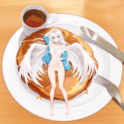 Rule 34 | 1girl, absurdres, angel wings, barefoot, bikini, blue eyes, blue jacket, blush, breasts, closed mouth, commentary request, cup, food, fork, gluteal fold, highres, jacket, knife, legs, long hair, looking at viewer, lying, medium breasts, on back, on stomach, open clothes, open jacket, original, plate, shenqi (toid310), smile, swimsuit, tea, teacup, thighs, toes, white bikini, white hair, white wings, wings