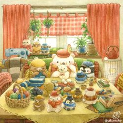 Rule 34 | artist name, bear, bird, blue headwear, bow, bowtie, character doll, checkered clothes, checkered headwear, coffee table, couch, hanging plant, hat, highres, indoors, needle, no humans, original, penguin, plant, polar bear, potted plant, red bow, red headwear, red neckwear, scarf, scenery, sewing, sewing machine, sewing needle, signature, st.kuma, stuffed animal, stuffed penguin, stuffed toy, table, teapot, teddy bear, twitter username, yellow headwear